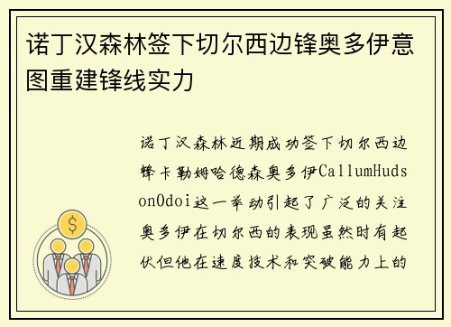 诺丁汉森林签下切尔西边锋奥多伊意图重建锋线实力
