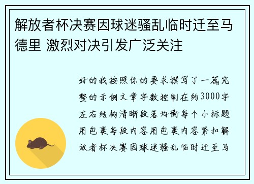 解放者杯决赛因球迷骚乱临时迁至马德里 激烈对决引发广泛关注
