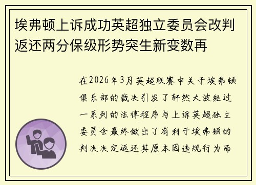 埃弗顿上诉成功英超独立委员会改判返还两分保级形势突生新变数再 埃弗顿上诉成功英超独立委员会改判返还两分保级形势突生新变数再