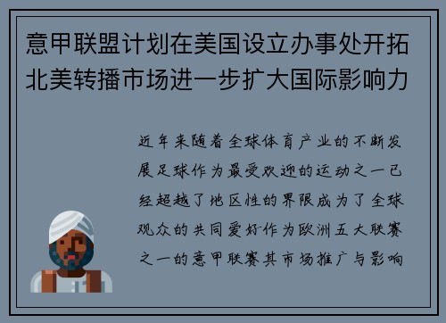 意甲联盟计划在美国设立办事处开拓北美转播市场进一步扩大国际影响力